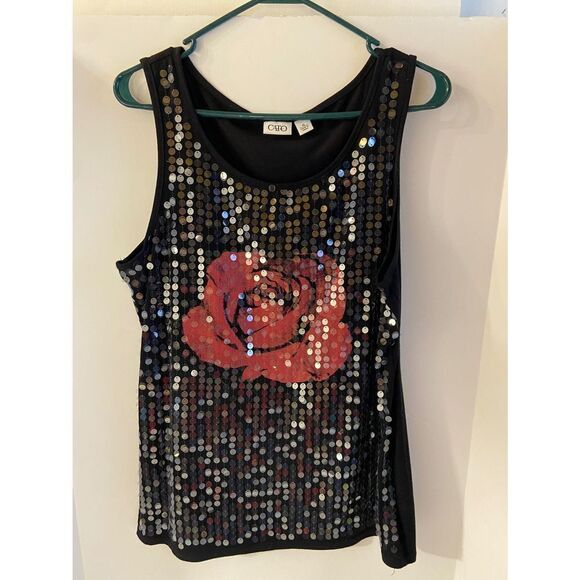 Cato sequins tank top black bling red rose Xl - Picture 1 of 7